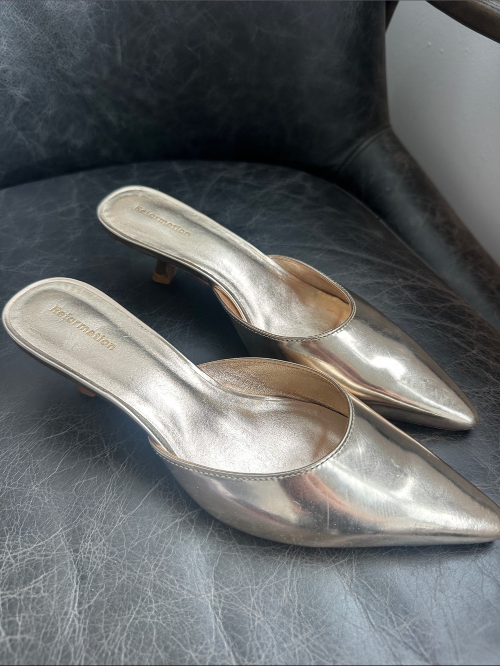 Reformation Metallic Silver Pointed Toe Mules